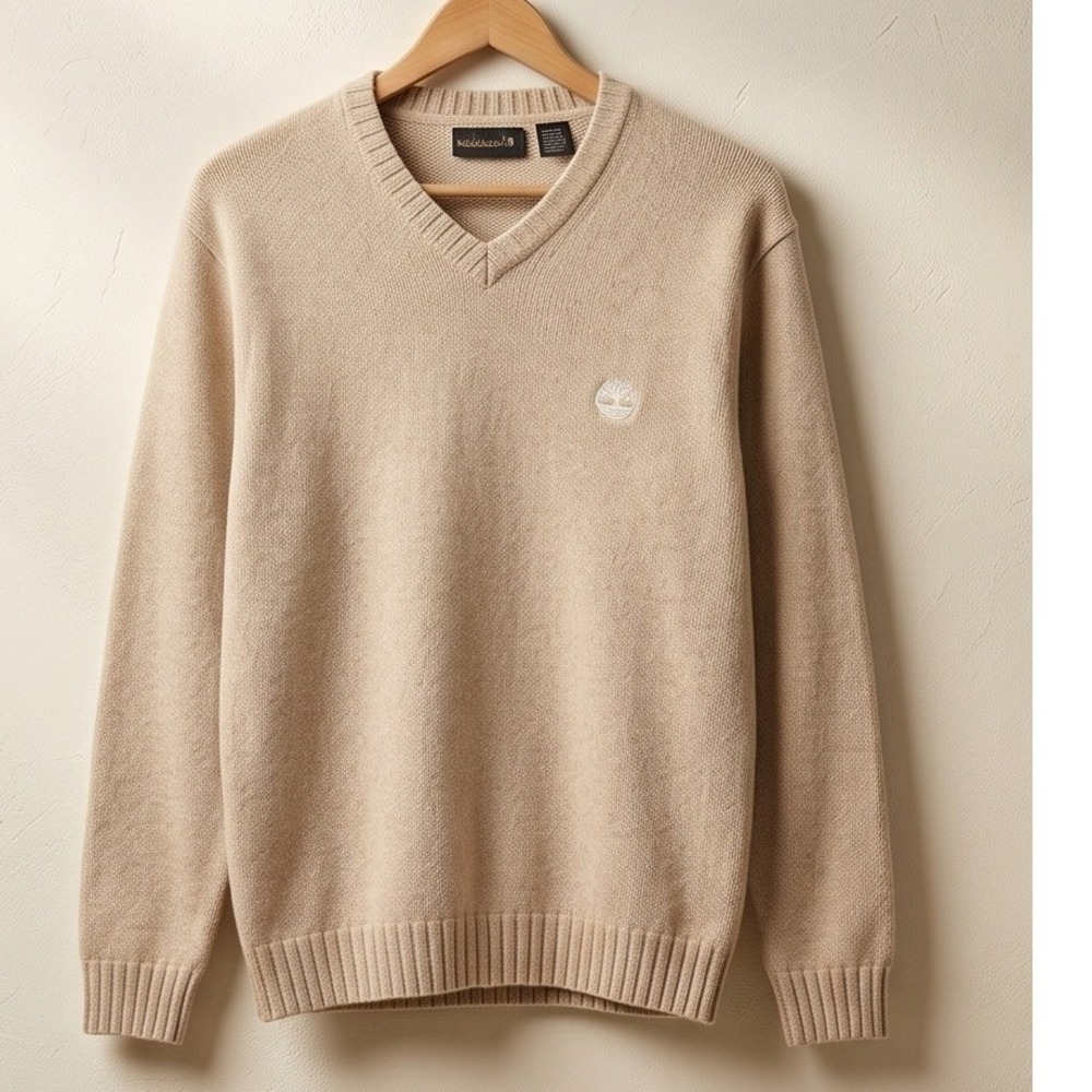 Timberland Mens L V-Neck Y2K Vintage Lambswool Sweater Beige Tan Large Logo‎